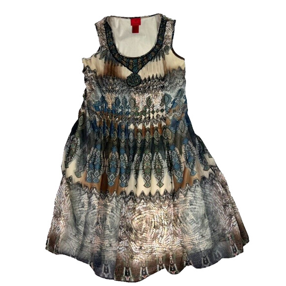V Christina Dresses & Skirts - V Christina Dress M Y2K Embellished Scoop Neck Printed Midi Chiffon Witchy Gypsy